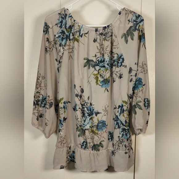 Van Heusen Studio Grey Blue Floral Blouse Size Large Button Front Office Boho - Picture 5 of 9